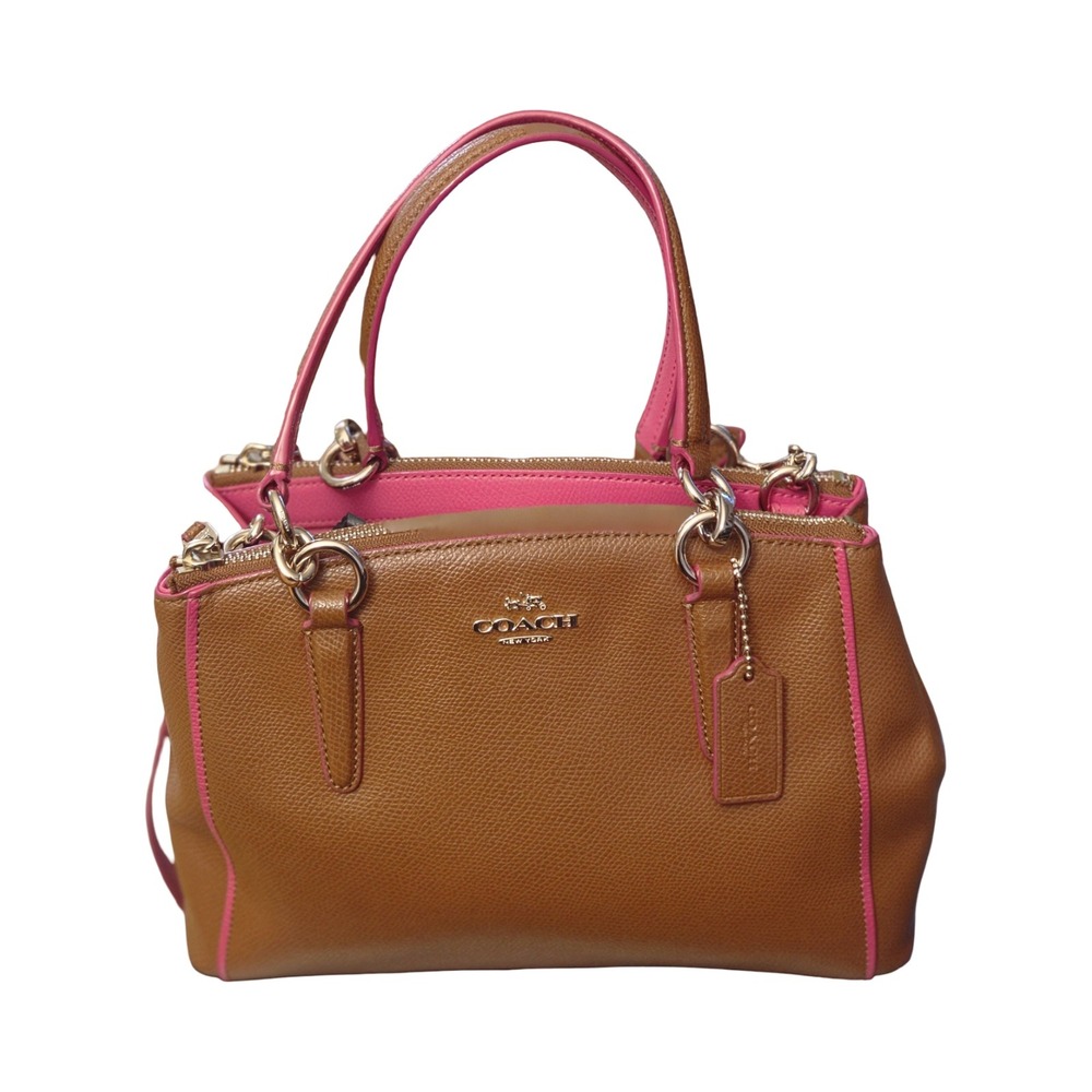 Coach Saddle Brown Pebbled Leather Pink Trim Satchel Crossbody Bag F34607